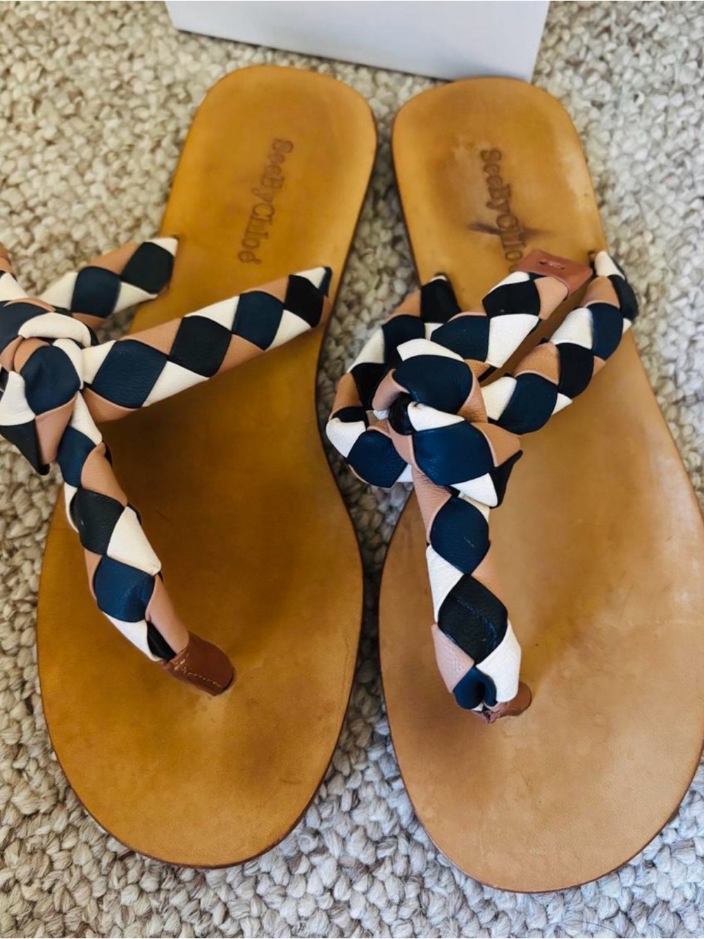 See by Chloe Braided Leather Strap Flip Flops - Tan/Navy/White